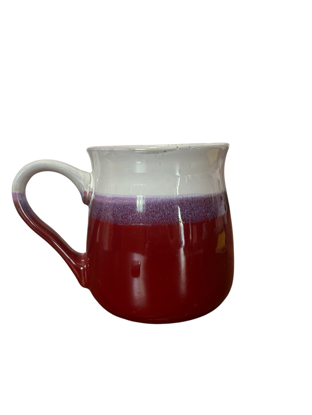 Boston Warehouse dual-tone drip glaze belly mug. Deep red, purple and grey
